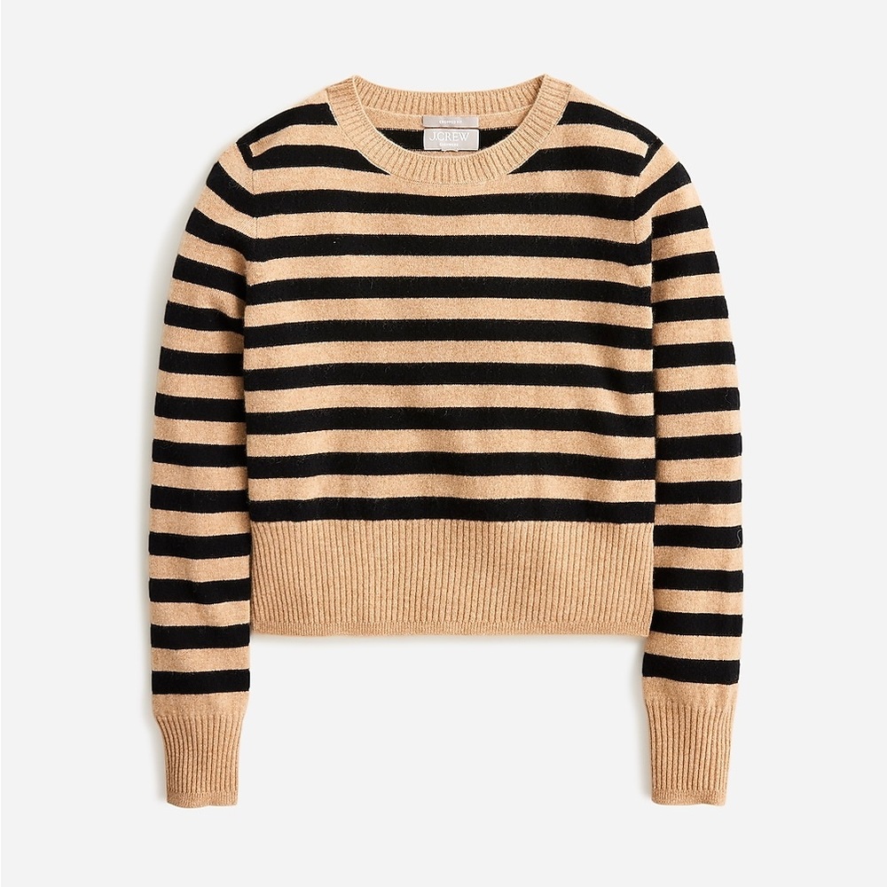 J. Crew Shrunken Cashmere Cropped Black and Tan Striped Sweater